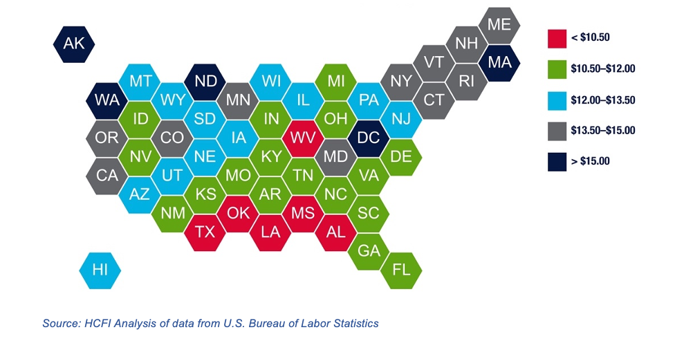 Map of Median Hourly Wages of U.S. Home Health Aides in 2020 shows the geographic patterns of wage levels in home health care (Data from US Bureau of Labor Statistics)