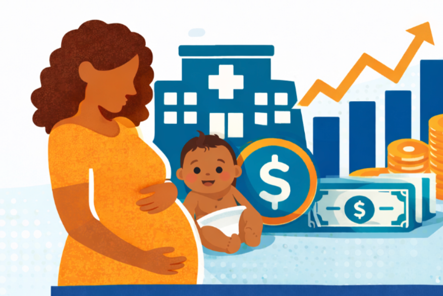 Image of pregnant woman, a baby, a hospital and financial elements